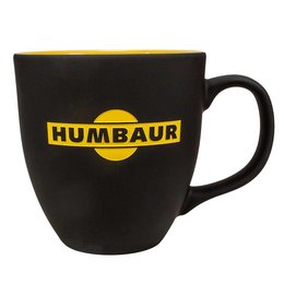 Werbe-Porzellan-Jumbotasse Form 151 in matt-schwarzer Hydroglasur und gelber Innen-Glasur inklusive Logogravur