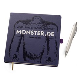 Personalsuche Werbemittel: Wir empfehlen das auffallende lila Werbe-Notizbuch