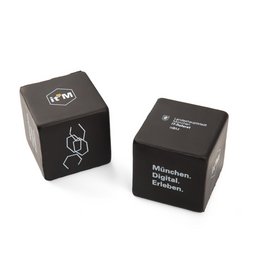 Werbe-Anti-Stress-Würfel auf allen sechs Seiten mit Logo und Slogan preiswert 2-farbig bedruckt