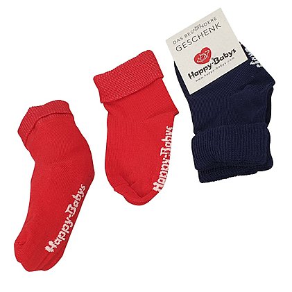 Babysocken individuell in Firmenfarben mit Logo gewebt in blau und rot, mit bedruckten Kartenreiter