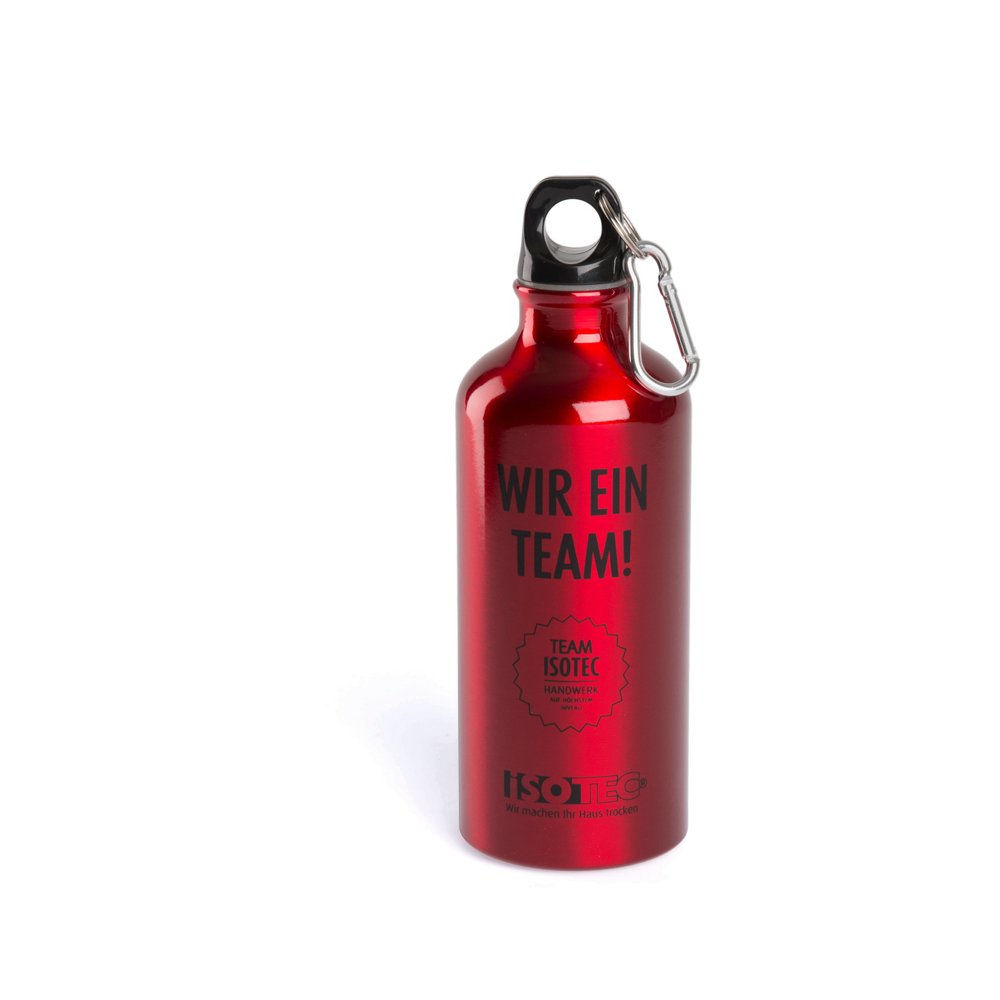 Backpacker aufgepasst: Bedruckte Aluminiumtrinkflasche „Sporty“ mit Karabinerhaken für Isotec