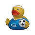 Front-Ansicht der gelb-blauen Fußballer-Badeente mit Stirnband, Fußball und einem blauen Trikot mit dem Atos-Logo bedruckt