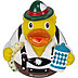 Frontansicht einer gelben Badeente im Trachtenlook mit Maßkrug und Logo auf weißem Hintergrund