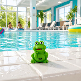 Kleiner grüner Frosch mit Logo auf dem Bauch am Poolrand sitzend und im Hintergrund türkises Wasser in heller, freundlicher Schwimmbad-Atmosphäre
