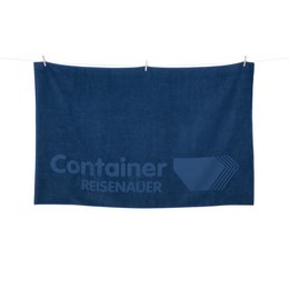 dunkelblaues Werbe-Badetuch 100 x 150 cm 500g/m2 mit Logo-Hoch-Tief-Einwebung