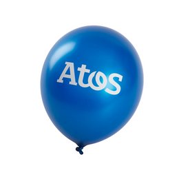 Werbe-Luftballon in metallic blau, individueller Logo-Druck für Atos, München-Neuperlach