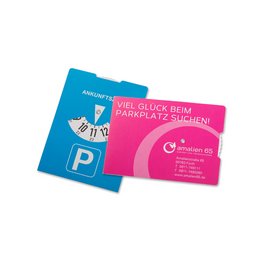 Bedruckte Parkscheibe mit Firmenwerbung für Steenbeeke Desgin