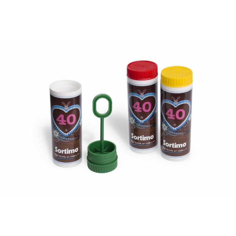 Bedruckte Pustefix-Seifenblasen im Jubiläums-Design für Sortimo International GmbH