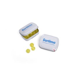 Bedruckte Werbe-Mini-Klappdose aus Blech mit Pullmoll-Bonbons für Sortimo