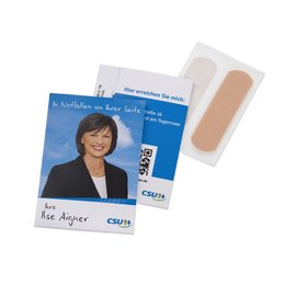 Werbemittel für den Wahlkampf: Bedruckte Pflastermäppchen für die Bayerische Wirtschaftsministerin Ilse Aigner