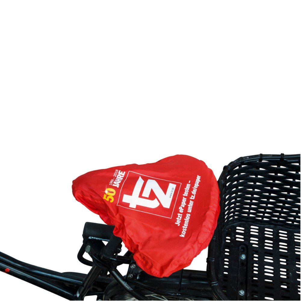 Bedruckter Fahrradsattelüberzug in rot mit Logo für TZ, Münchner Tageszeitung