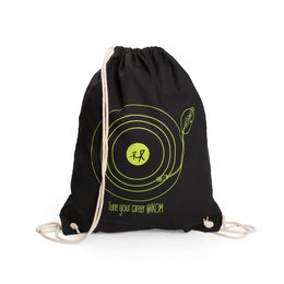 Bedruckter, schwarzer werbe-Jute-Rucksackbeutel aus 100% Baumwolle mit Werbeaufdruck.