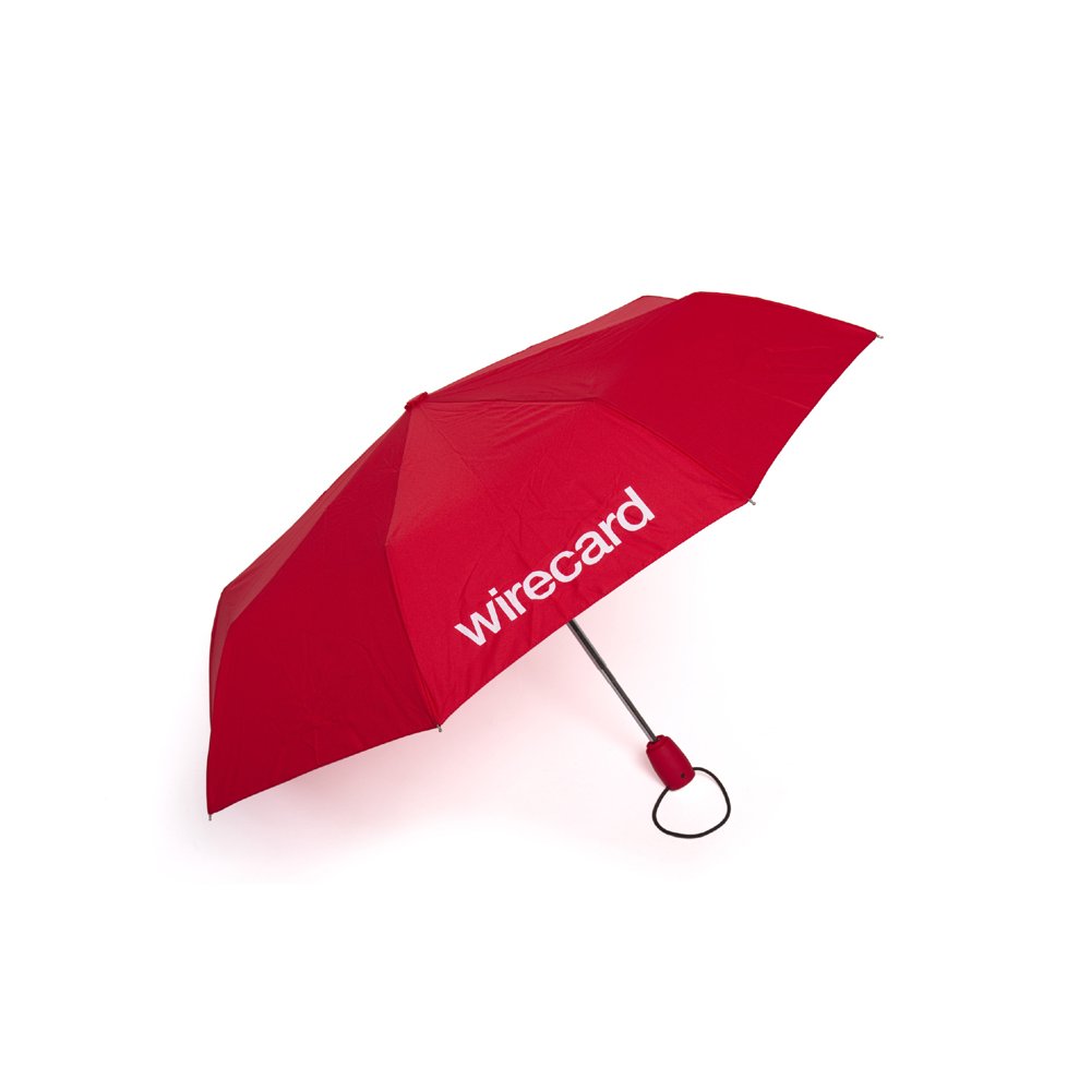 Bedruckter Mini-Taschenschirm in Rot mit Werbe-Logo für die Wirecard AG bedruckt