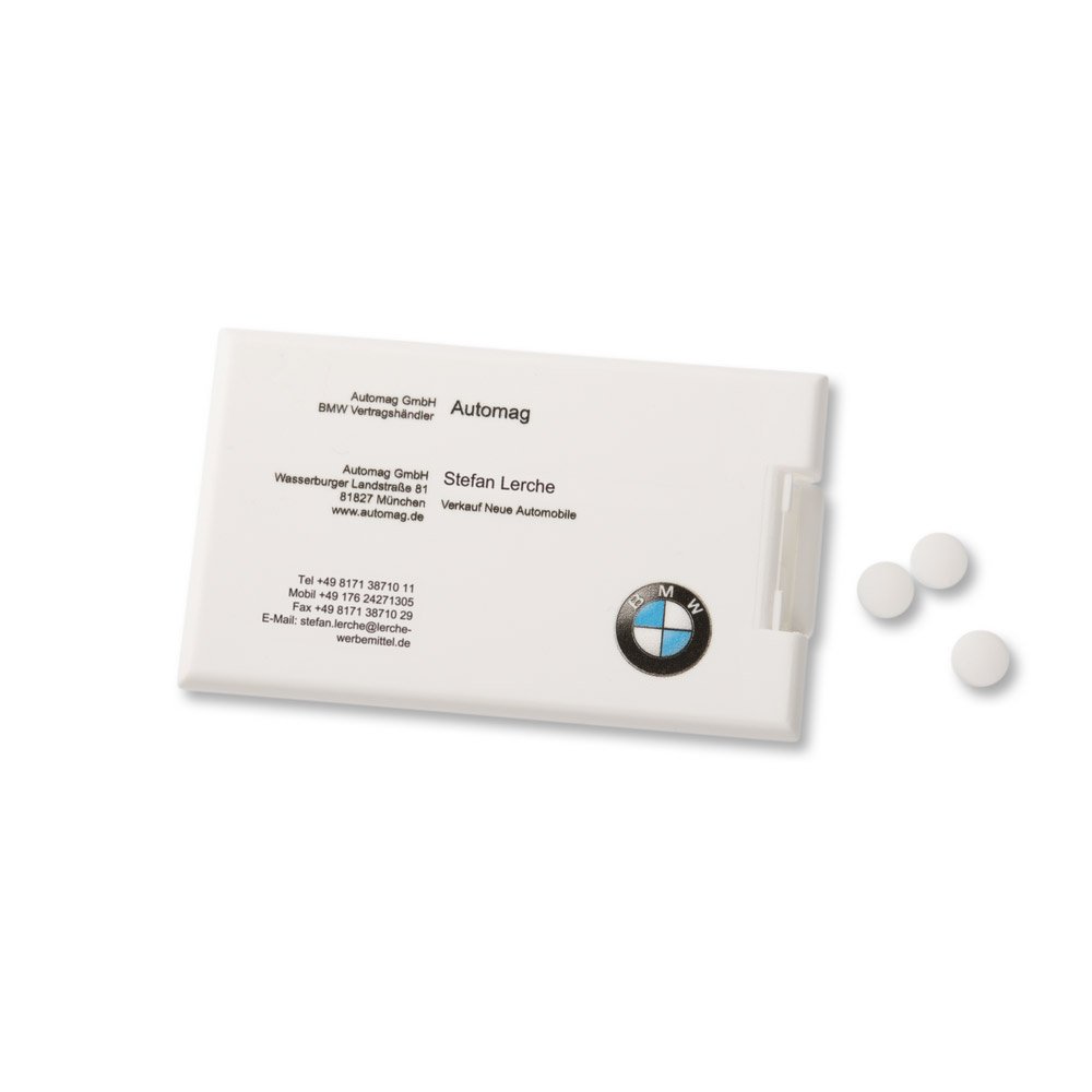 Werbe-Cool Card im Scheckkartenformat, gefüllt mit zuckerfreien Minties, individuell mit Werbung bedruckt.