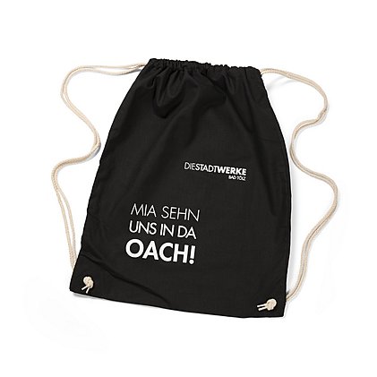 Bedruckter, schwarzer  Kordelzug-Turnbeutel aus Baumwolle