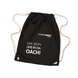 Bedruckter, schwarzer  Kordelzug-Turnbeutel aus Baumwolle