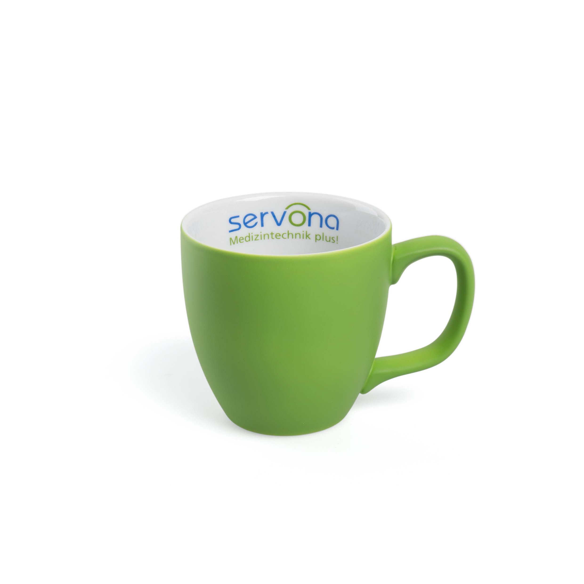 Bedruckter Werbe-Kaffeebecher in Hydroglasur aus Porzellan für Servona GmbH, Troisdorf