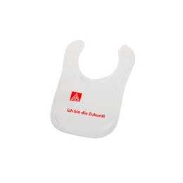 Bedrucktes Baby-Lätzchen für die IG Metall mit Firmenlogo und originellem Werbeslogan