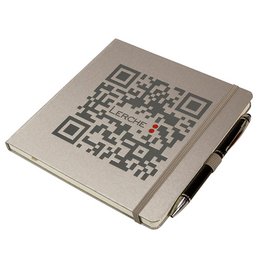 stylisches, modernes Werbe-Notizbuch Ivory in Silber mit QR Code und geprägtem Lerche Logo