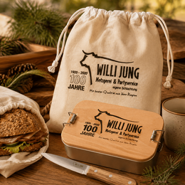 Brotzeit-Werbegeschenk-Set mit Lunchbox, Brotzeitsackerl & Messer