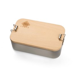 Nachhaltige Brotzeit- und Lunchbox mit geöltem Buchenholzdeckel und individueller Logogravur
