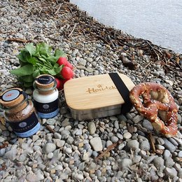 Premium-Brotzeitbox aus Edelstahl mit graviertem Bambusdeckel mit Band