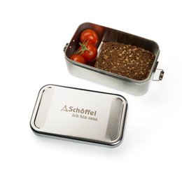 Werbe-Brotzeitdose aus Weißblech mit Logogravur