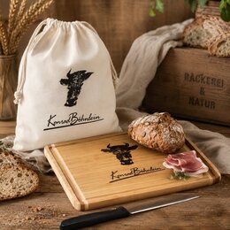 Brotzeit-Set aus Schneidebrett, Brotzeitsackerl und Messer - individuell bedruckt