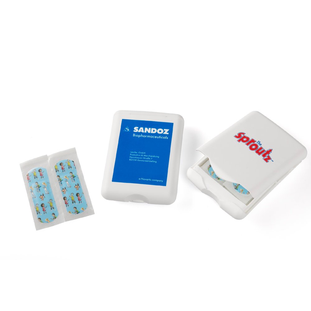 Bunte Pflasterstrips in bedrucktem Pflaster-Set „Vita Card“ Kunststoffbox für die Hexal AG