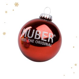 Christbaumkugel in rot bedruckt mit glitzernder Schrift als Werbegeschenk 