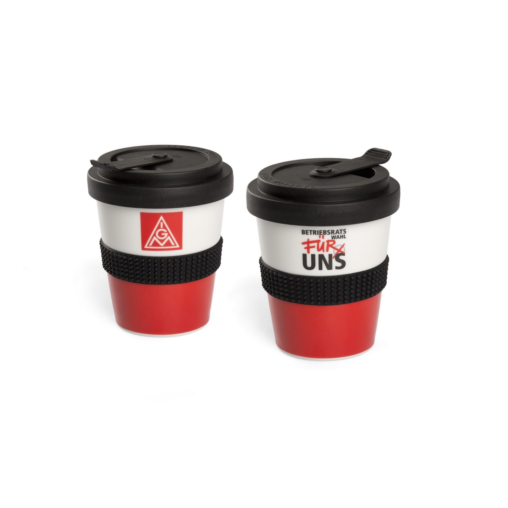 cooler bedruckter Coffee to go Becher aus Porzellan Form 344 für IG Metall