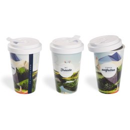 bedruckter, doppelwandiger Werbe-Coffee to go Marken-Isolier-Becher aus Porzellan Form 343 