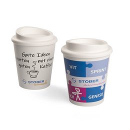 Mehrweg-Kaffeebecher aus Kunststoff mit Thermofunktion, doppelwandig, photorealistisch bedruckt