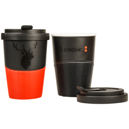 Coffee-to-go-Becher aus Porzellan mit Silikon-Banderole als Werbemittel