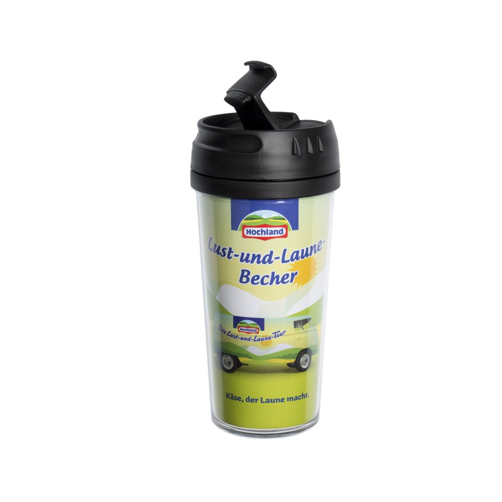 Coffee-to-go Becher „Life“ mit bedrucktem Papiereinleger für die Hochland Group