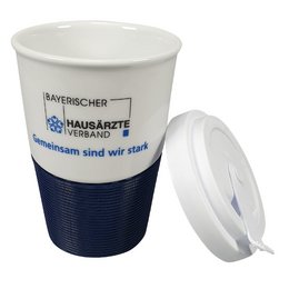 Werbe-Kaffee to go Becher mit farbiger Silikon Banderole