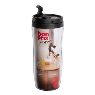 Coffee to go Becher mit Werbemotiv auf Papiereinleger