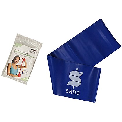 Dehnbares Gymanstik- und Fitnessband in blau bedruckt für die Sana Kliniken AG, geliefert im Polybeutel