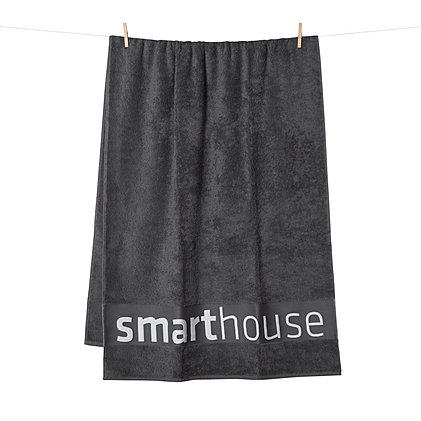 Dickes Logo-Saunahandtuch mit Jacquard-Bordüreneinwebung: 100% Baumwolle.