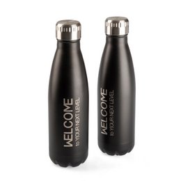 Hochwertige, zertifizierte Vakuum-Thermosflasche mit schwarzer schalgfester Pulverbeschichtung und individueller Logo-Lasergravur