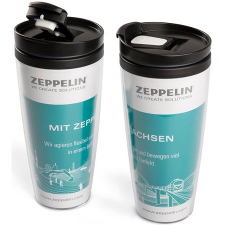 Doppelwandiger Coffee to Go Isolierbecher mit 4-farbig bedrucktem Papiereinleger als Werbemittel