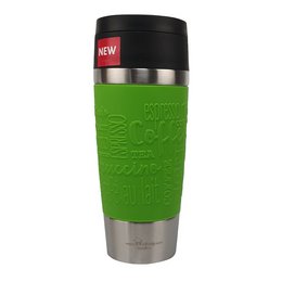 Werbe-Isolierbecher mit limettenfarbener Manschette, Logo-Lasergravur