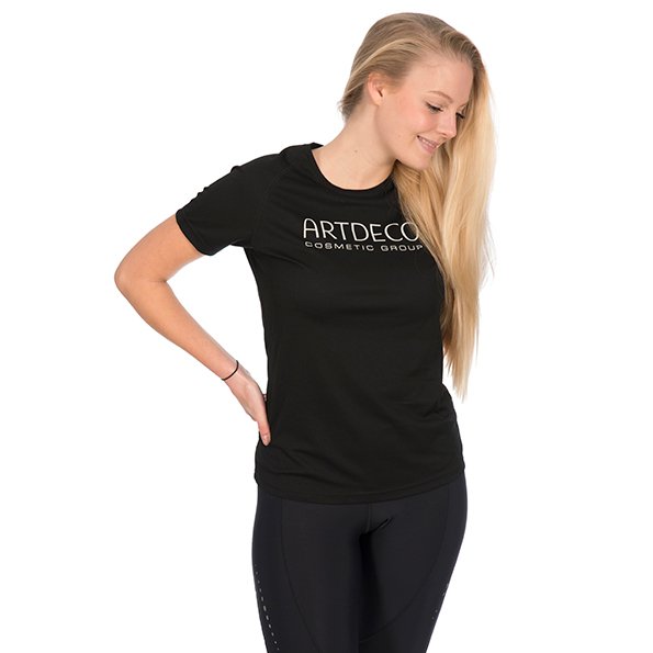 Firmenlaufshirts in scharz großflächig mit Logo bedruckt für Artdeco, Kosmetikunternehmen