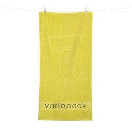 Werbe-Handtuch im hochwertigen Zwirnfrottier 50 x 100 mit Hochtief-Einwebung und Bordürenwerbung iin grün