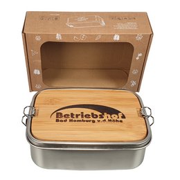 Brotzeitdose Edelstahl als Werbegeschenk mit personalisiertem Einbrand 