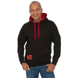 trendiger und bedruckter Werbe-Kapuzenpullover in schwarz mit roten Kontrast