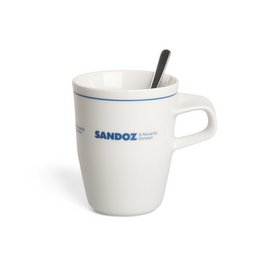 Hochwertige Henkeltasse aus Porzellan Kahla mit individuellem Werbedruck für die Pharmabranche