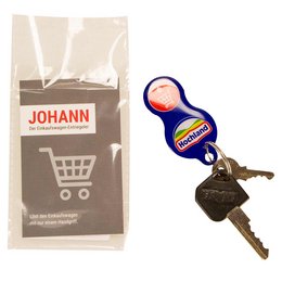 Bedruckter Einkaufswagenchip metall und keyrefinder als Streuartikel