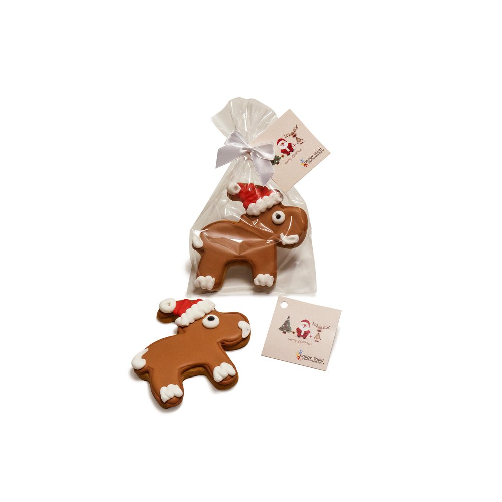 Elch aus Butterknusperteig mit Weihnachtsgrüßen auf der Werbekarte, bedruckt für Happy People GmbH