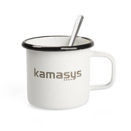 Werbe-Emaille-Becher aus Blech mit schwarzen Mundrand und Rusty-Optic-Gravur